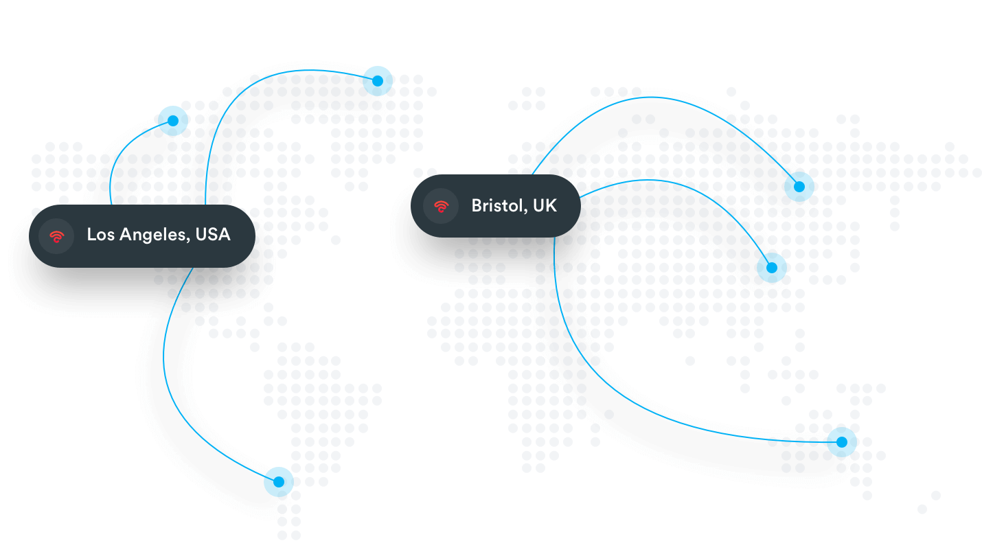 Beambox graphic of a simplified world map with blue line connecting various pinpoints including Los Angeles, USA and Bristol, UK.