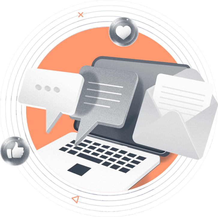 Beambox graphic symbolizing email marketing featuring message and email icons in front of a laptop on an orange backdrop.